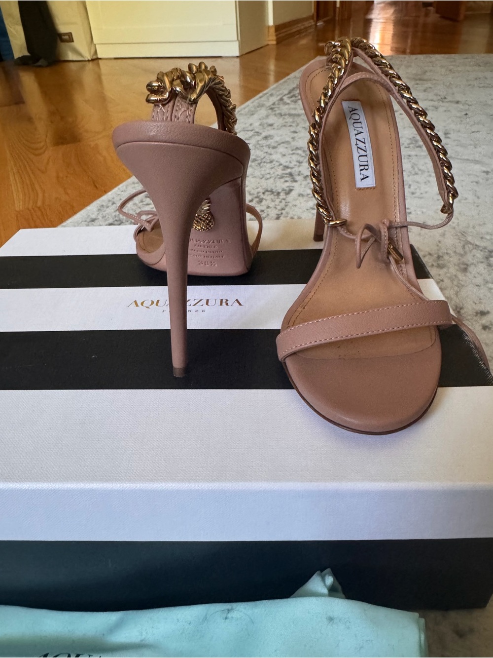 Aquazzura Blush Chain-Ankle Stiletto Nikki 105 Sandals 38.5